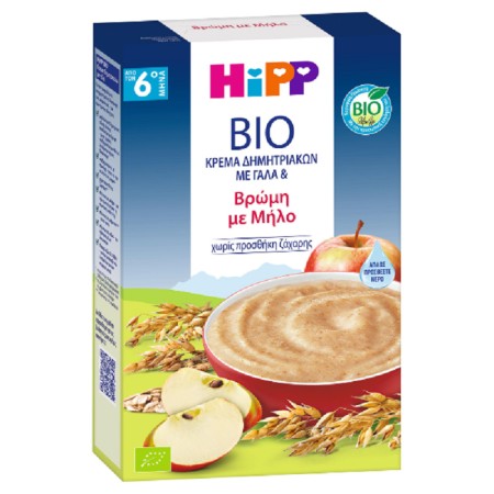 Hipp Bio Κρέμα Δημητριακών με Γάλα, Βρώμη & Μήλο Χωρίς Ζάχαρη 6m+, 250g